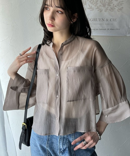 ゆるっと大人の余裕。ワイドハーフスリーブシアーバンドカラーショートシャツ（半袖） ce1110098