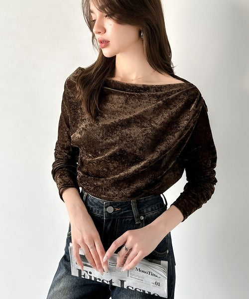 【mily bilet】一歩先のオシャレにアップデート！クラッシュベロアワンオフショルドレーププルオーバー（サムホール付き） mi1269007