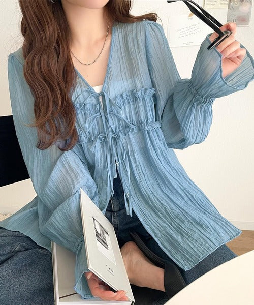 【mily bilet】軽やかガーリー。リボン使いシアー楊柳フリルカーディガン mi1329028