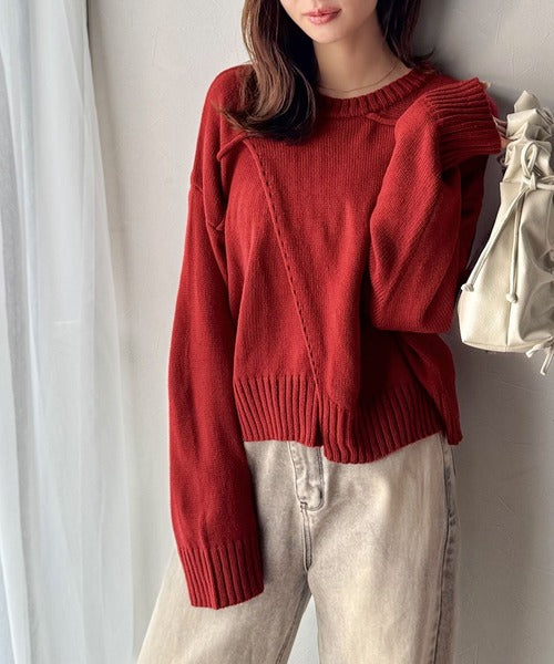 【mily bilet】ゆるっとシルエットが魅せる、大人の余裕。前後２WAYフロント切り替えニットプルオーバー（長袖） mi1329046