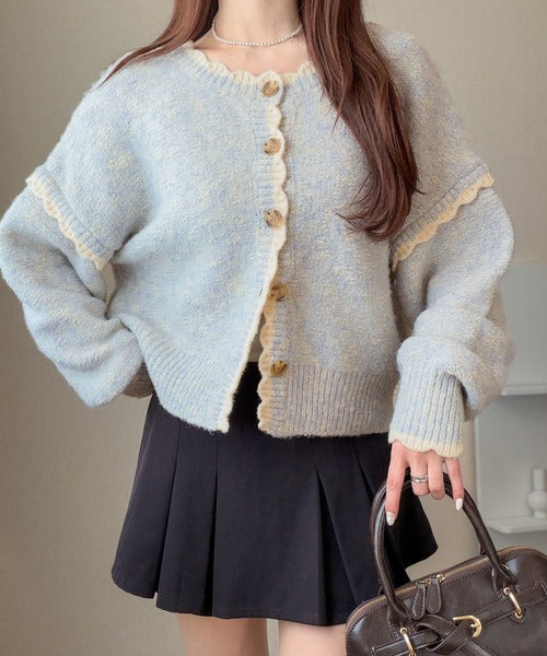 【mily bilet】どこから見ても、ときめきを纏う。前後2WAYスカラップ配色MIXヤーンニットカーディガン mi1029188