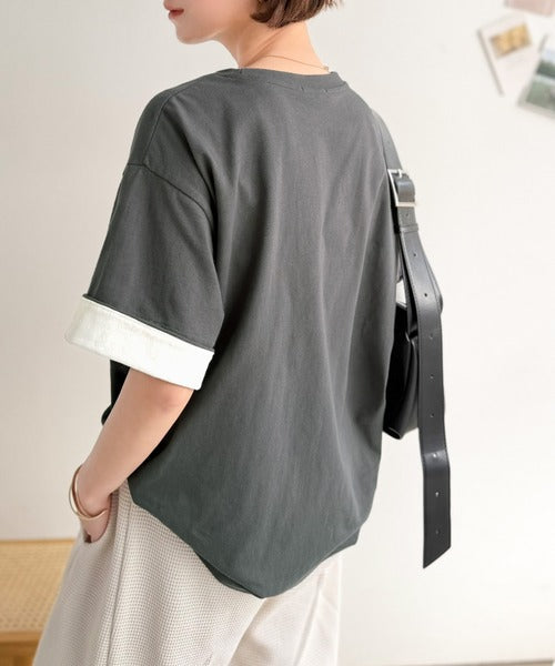 《JaVaジャバコラボ》大人の色魅せ、軽やかに映える。綿100％ 胸刺繍入り 袖配色切り替え Tシャツ（半袖） jv1330106