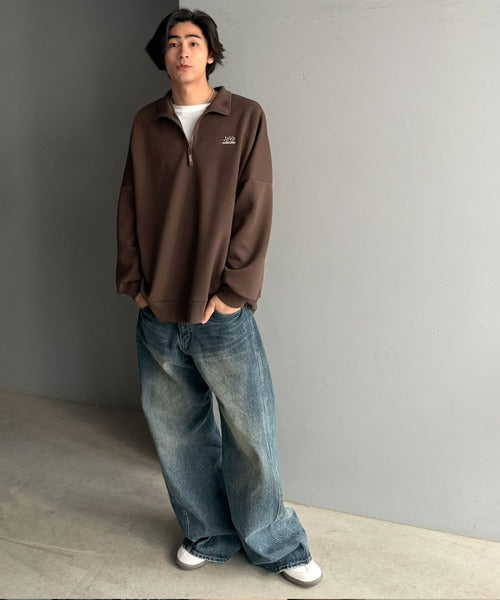 《JaVaジャバコラボ》ラクなのに、きちんと見える。胸刺繍ダンボール素材ハーフジッププルオーバー（オーバーサイズ） jo1010068
