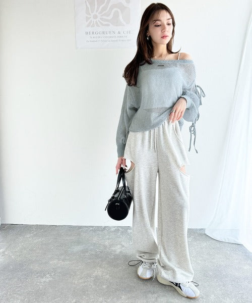 【mily bilet】大人のきらめき。プレートデザイン透かし編み袖リボンラメニット(ワンオフショル2way) mi1259009