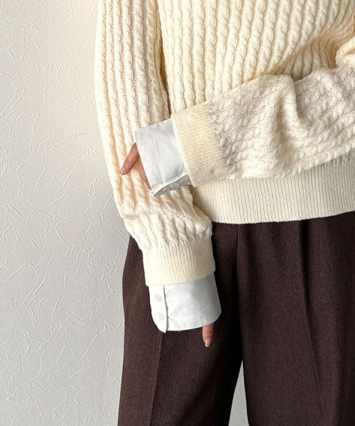 【mily bilet】一枚着るだけで、重ね着風。シャツレイヤード風ロゴ刺繍リブニットプルオーバー（長袖） mi1029172
