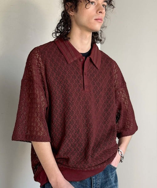「透け感、モードの余韻。」衿ダブルライン使いレース柄ニットポロシャツ/Lace Detail Knit Polo Shirt co1010010
