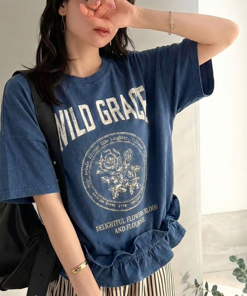 【mily bilet】甘辛バランスが叶う！綿100％ゆるシルエット裾ドロストフリルプリントTシャツ mi1329075