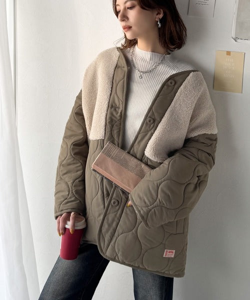 《JaVaジャバコラボ》軽くて暖かい、旬顔ボア切替♪ノーカラーひょうたんキルティングコート jv1240103