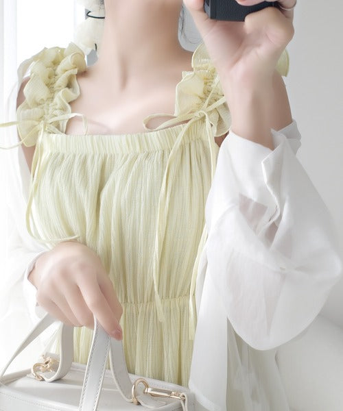 【mily bilet】甘くて軽やか。フリルショルダーAラインティアードキャミワンピース(ロング) mi1019066