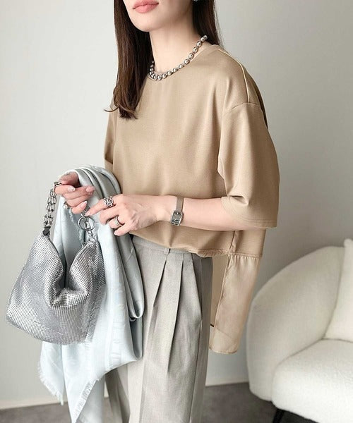 春夏に涼しさ引き立てる透け感が◎裾シアー切り替えライトダンボール半袖Tシャツ ce1110116