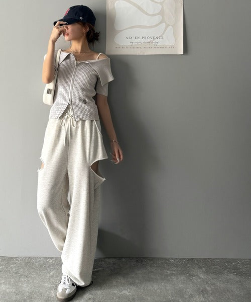 【mily bilet】抜け感レディースタイル。ロゴ刺繍オフショル２WAYダブルジップケーブル柄サマーニット（半袖） mi1029121
