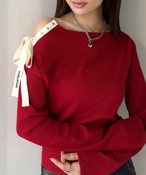 【mily bilet】甘さを添える大人の肌見せ。肩リボン使いスナップ２WAYワンオフショルカットソー（長袖） mi1329034