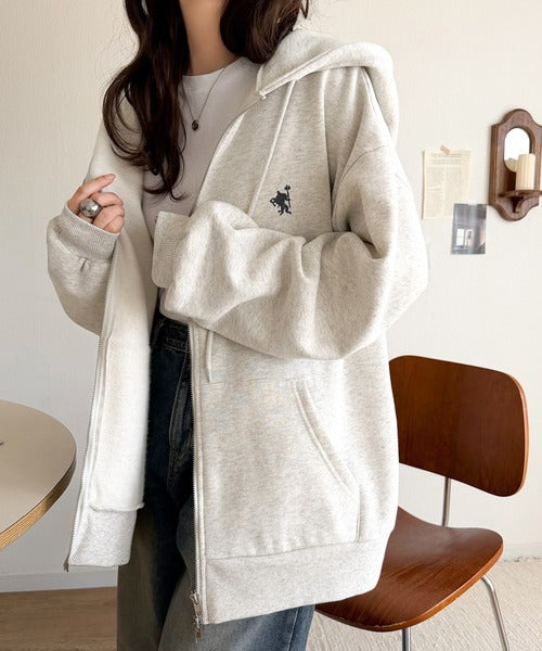 羽織って暖か、さらりと洒落感。胸元ワンポイント刺繍裏起毛ダブルジップパーカー（長袖） ce1260601