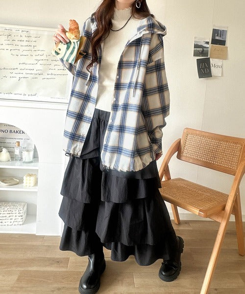 ゆるっと羽織ってかわいくキマる。”旬顔”  裾ドロスト微起毛チェック柄オーバーサイズシャツパーカー ce1010568
