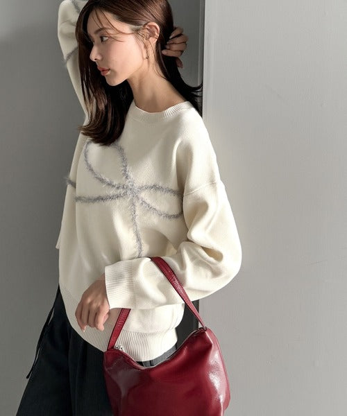 【mily bilet】ゆるっと可愛げ、ふわっと存在感。リボンフェザーコード刺繍ニット（長袖） mi1029130