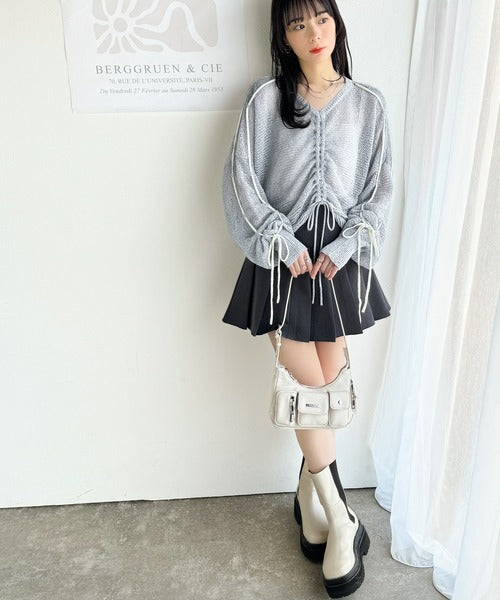 【mily bilet】ルーズな愛らしさで魅了する。透かし編みギャザー仕様リボンプルオーバー（長袖） mi1029102