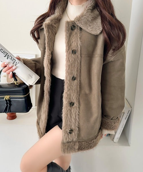 【mily bilet】甘さと気品で冬を楽しむ。ファー切り替えスウェードライクコート（ミドル丈） mi1019097