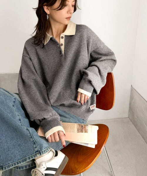 《JaVaジャバコラボ》たっぷりポロが可愛い。配色襟付きヘンリーオーバーサイズニット (長袖) jv1350020