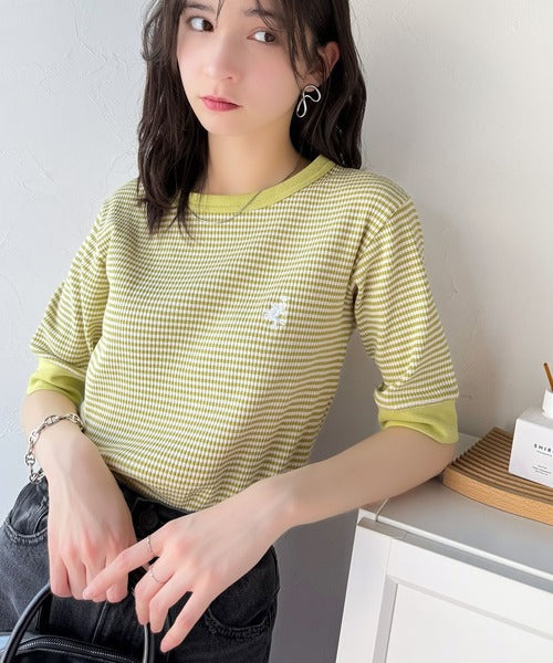 大人可愛いの新定番。袖リンガーボートネック胸刺繍ボーダーTシャツ（半袖） ce1260419