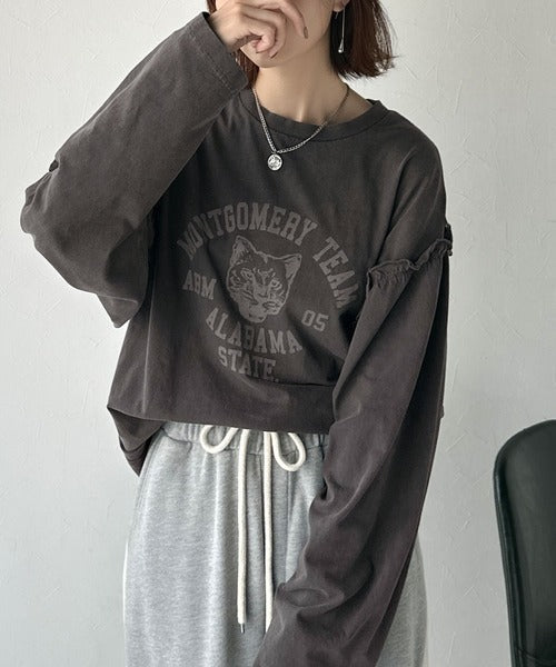 レディなヴィンテージスタイル。綿100％カレッジピグメント袖フリルTシャツ ce1020221