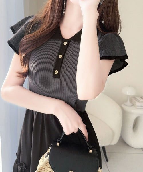 【mily bilet】スタイルアップの極み！フィット＆フレアな大人ポロ襟ドッキングワンピース（半袖） mi1029176