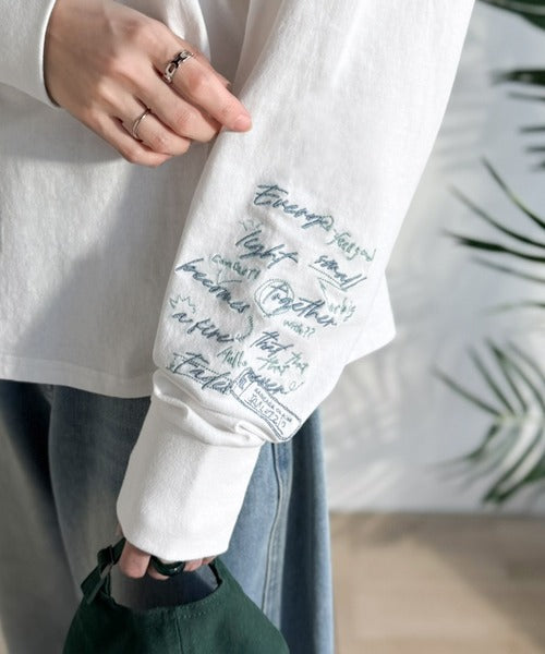 《JaVaジャバコラボ》袖を通せば、あなたも輝く。コットン100％刺繍胸元切り替えドルマンロンTEE（長袖） jv1260620