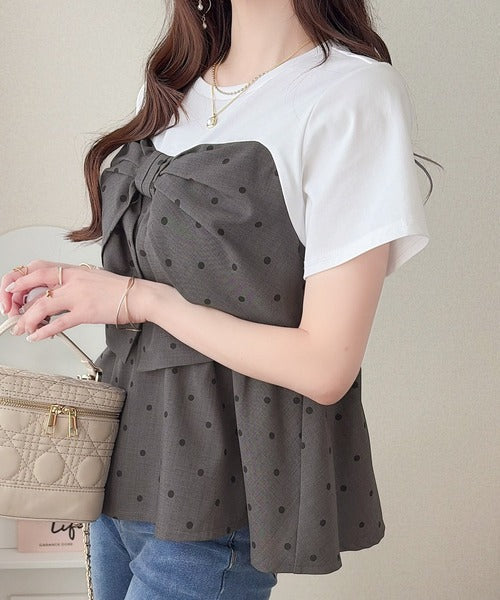 【mily bilet】一枚でサマになる。 フロントリボン布帛コンビ半袖Tシャツ mi1269018