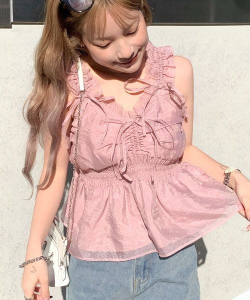 【mily bilet】愛され大人フェミニン。リボン使いフリルオーガンジービスチェキャミソール mi1019072