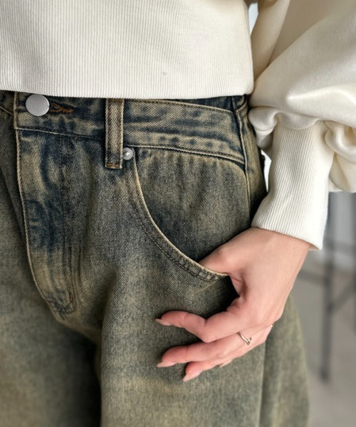 【mily bilet】「あのデニム、超かわいい…！」街で振り返られるトレンドデザイン。サイドギャザーウエストアシメデザインデニムパンツ mi0909021