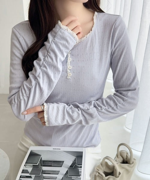 【mily bilet】華やかさと可愛さを1枚で。花柄レース使い袖ギャザーヘンリーカットソー mi1019106