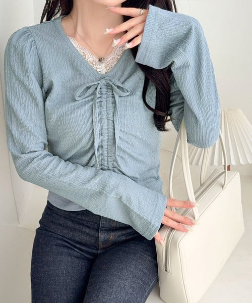 【mily bilet】レース×シャーリングで、甘さをひとさじ。レースドッキングパフスリーブジャガードトップス（長袖） mi1359080
