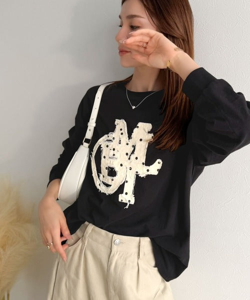 【mily bilet】"秋もこの子と一緒♪"ヴィンテージライクな存在感。ドットデニムフリンジワッペン使いロンT(長袖) mi1329133