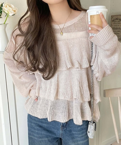 ふんわり大人フェミニン♪ティアードフリルモヘアタッチメッシュ編みニット（長袖） ce1260477