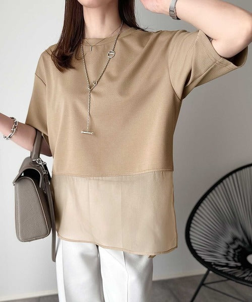 春夏に涼しさ引き立てる透け感が◎裾シアー切り替えライトダンボール半袖Tシャツ ce1110116