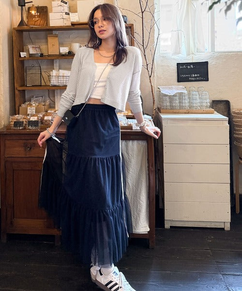 【mily bilet】抜け感とキラ感、どっちも欲張るのが正解◎箔プリントメッシュショート丈Vネックカーディガン(長袖) mi1259016