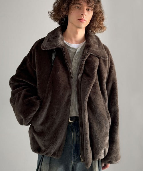 【Classical Origin】「3wayアレンジ可能。」ベルト襟フェイクファー素材ジャケット／Belted Collar Faux Fur Jacket co1150080