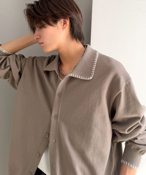 《JaVaジャバコラボ》さりげない配色で着こなしに差を。ステッチ配色ショート丈ニットシャツ jo1150087