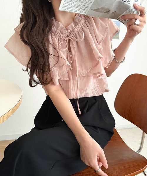 【mily bilet】マルチウェイで360度どこから見ても可愛い！ギャザーフリルリボンブラウス（半袖） mi1019132