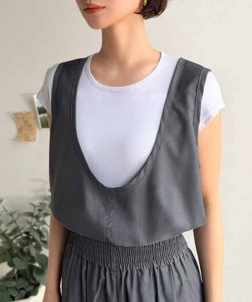 《JaVaジャバコラボ》前後で印象チェンジ♪前後2wayUネックツータックイージーサロペットパンツ jv0780086