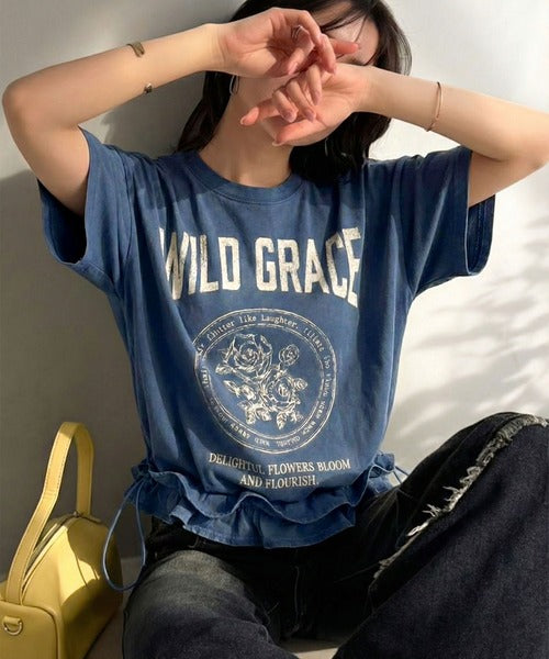 【mily bilet】甘辛バランスが叶う！綿100％ゆるシルエット裾ドロストフリルプリントTシャツ mi1329075