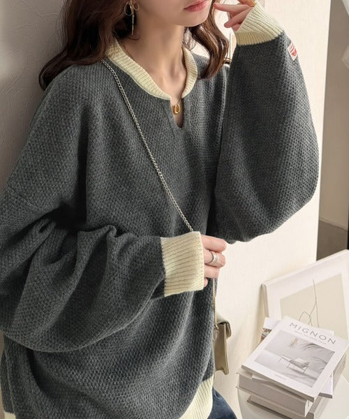 《JaVaジャバコラボ》ざっくり×配色が旬顔。配色スキッパーオーバーサイズ鹿の子編みニット（長袖） jv1410040