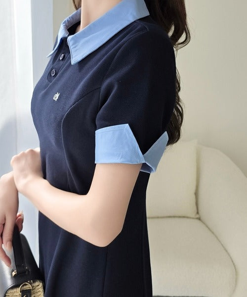 【mily bilet】パネルラインが描く美シルエット。ハーフスリーブポロワンピース (ロング丈) mi1329100