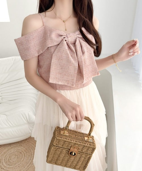【mily bilet】一枚に大人可愛いを凝縮。リボンデザイントップス×チュールスカートドッキングキャミワンピース (ロング丈) mi1139113