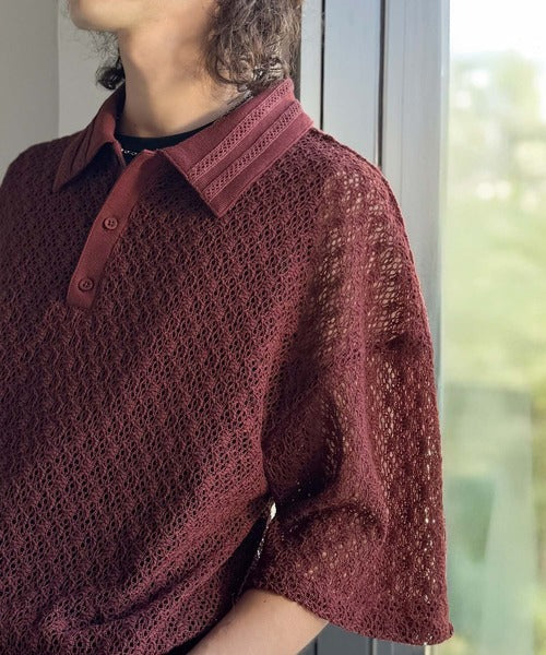 「透け感、モードの余韻。」衿ダブルライン使いレース柄ニットポロシャツ/Lace Detail Knit Polo Shirt co1010010