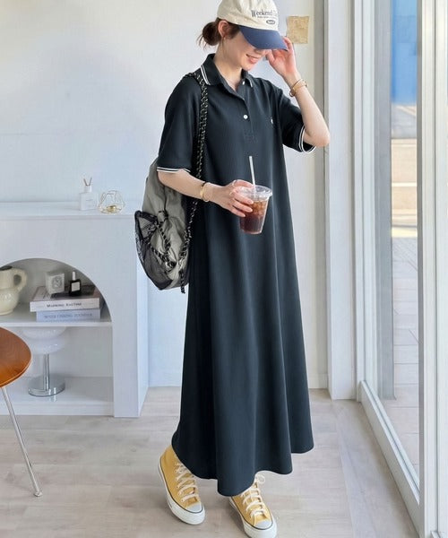 【UVカット機能付き】嬉しい体型カバー◎フレアラインが揺れる オーバーサイズワッフルポロワンピース（半袖） ce0940263