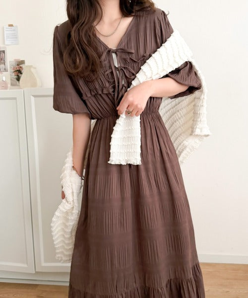 【mily bilet】1枚で華やぐ♪揺れ感シアーフリルリボンプリーツロングワンピース mi1019134