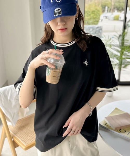 《JaVa ジャバコラボ》大人スポーティー。綿100%シルケット 配色刺繍Tシャツ jv1050074
