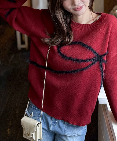 【mily bilet】ゆるっと可愛げ、ふわっと存在感。リボンフェザーコード刺繍ニット（長袖） mi1029130