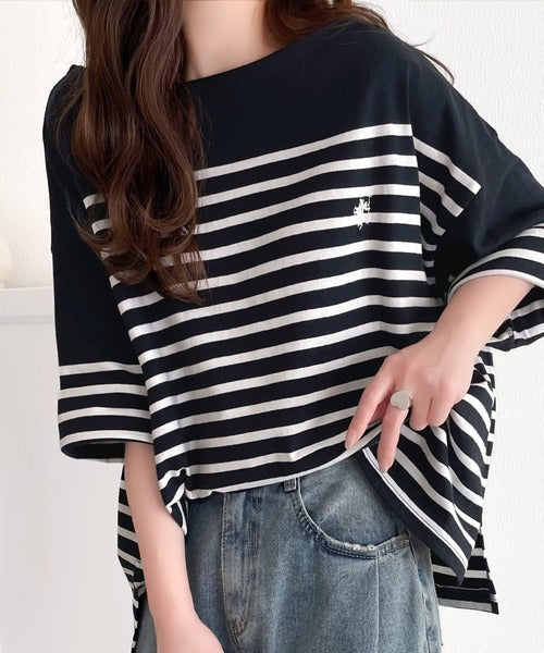 【sustaina+】ラフにキマる大人スタイル。オーガニックコットン100%オーバーサイズパネルボーダーTシャツ(半袖) ce1260324