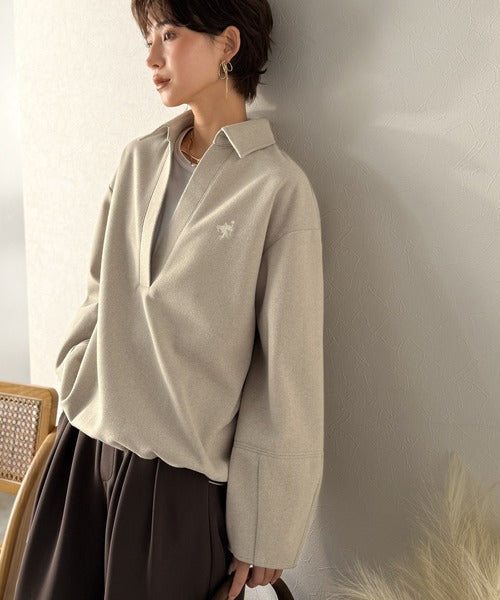 【Classical Evon】優しい温もり、上品見え。圧縮ニット襟付きキーネックプルオーバー ev1110143